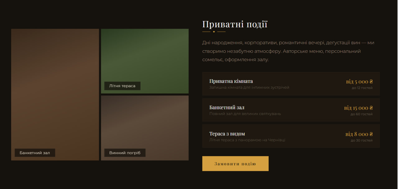 Bella Vista — Варіанти приватних подій з цінами та місткістю