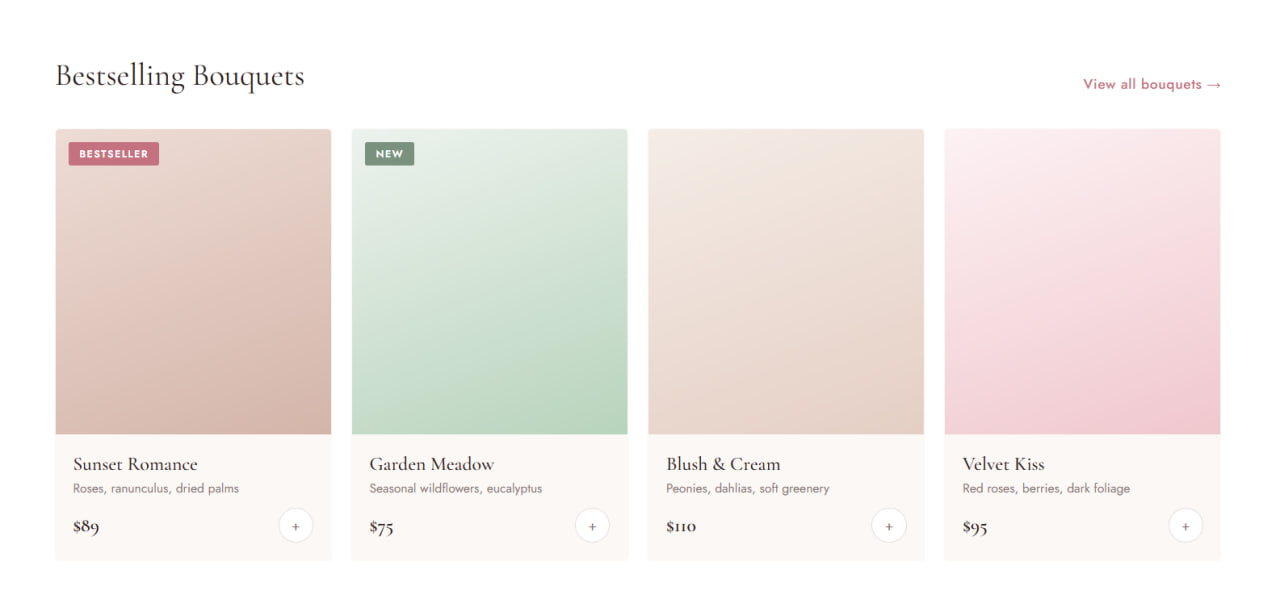 Bloom & Co — Герой головної з картками букетів та інфо про доставку