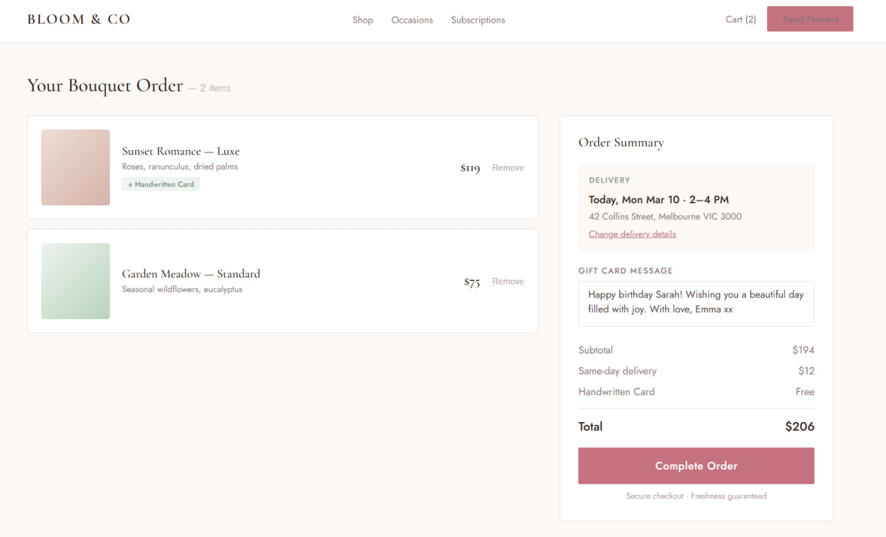 Bloom & Co — Сторінка букету з розмірами, додатками та вибором доставки