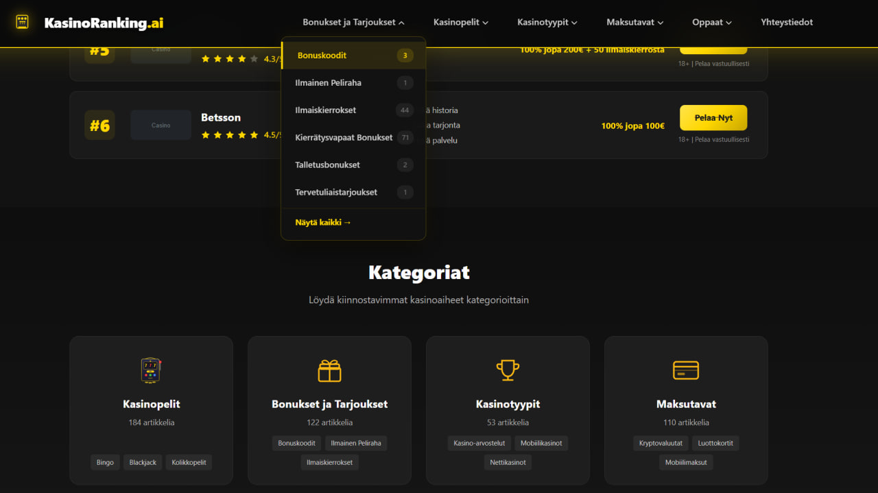 KasinoRanking.ai — Категорії: бонуси, типи ігор, способи оплати