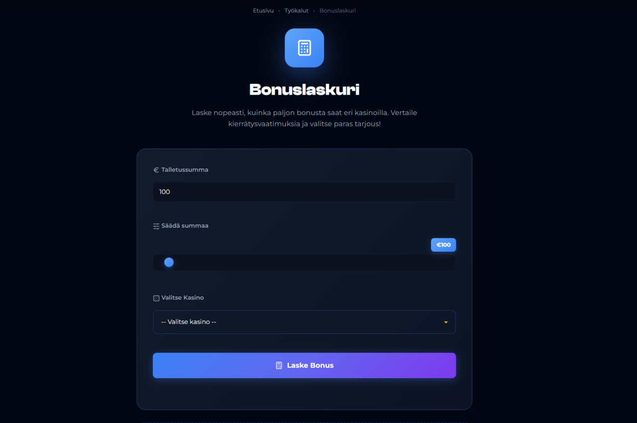 Luotettavimmat — Інтерактивний калькулятор бонусів з симуляцією вейджеру та оцінкою прибутку