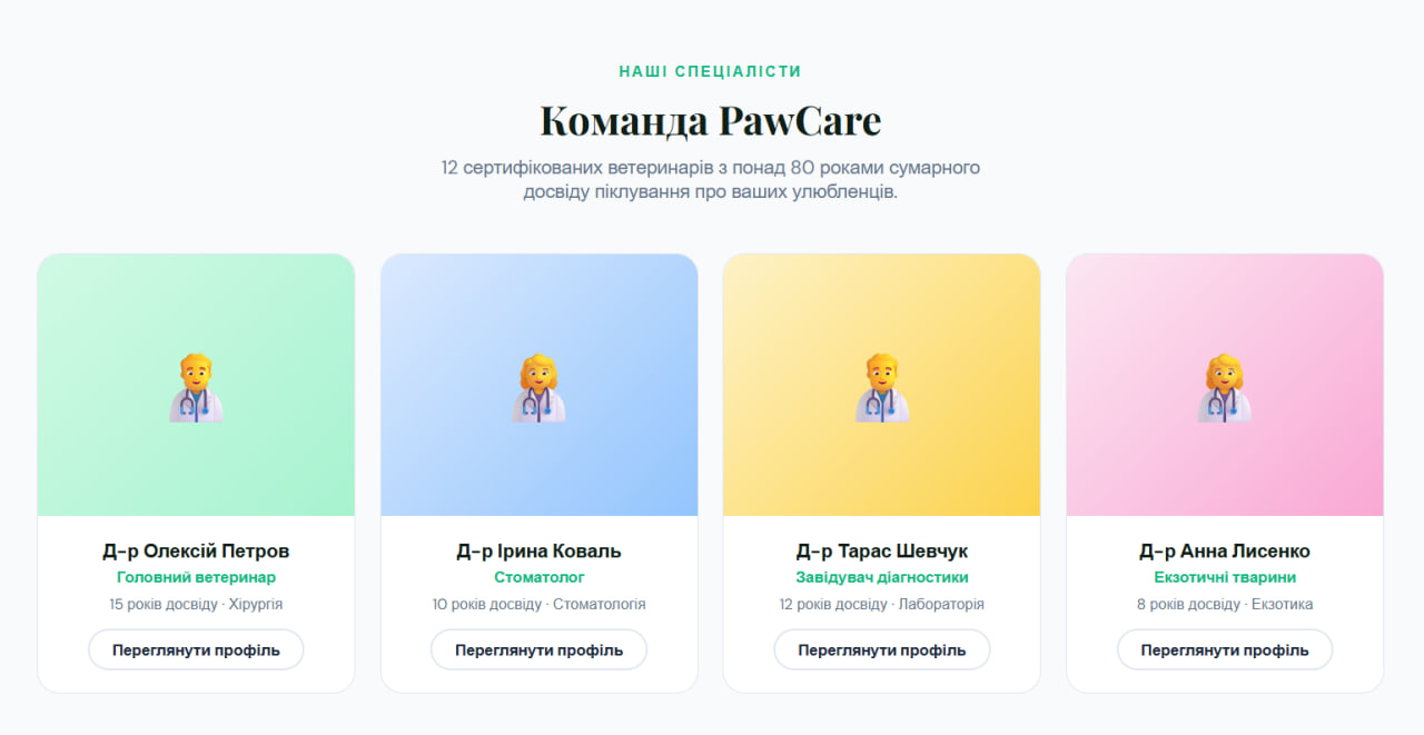 Ветклініка PawCare — Профілі ветеринарів та спеціалізації