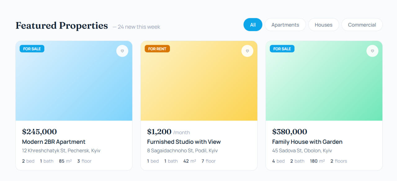 Sunrise Realty — Featured property listings with filters and specifications