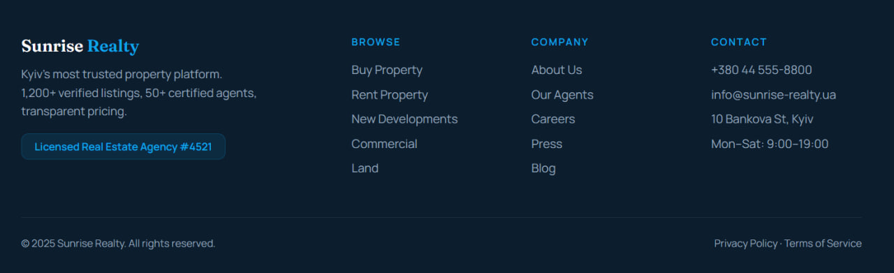 Sunrise Realty — Footer with license info, navigation, and contacts