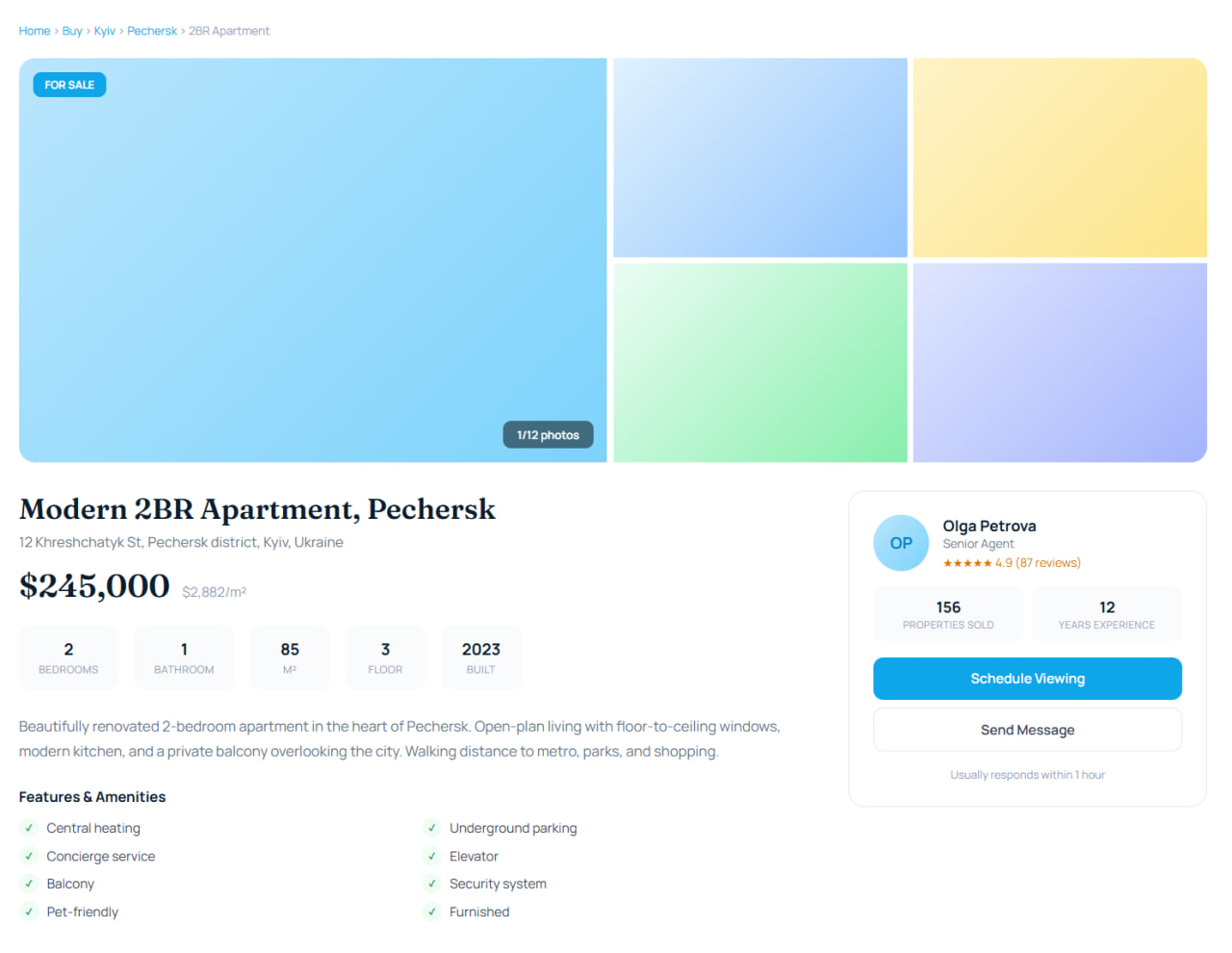 Sunrise Realty — Property page with photo gallery, specs, and agent card