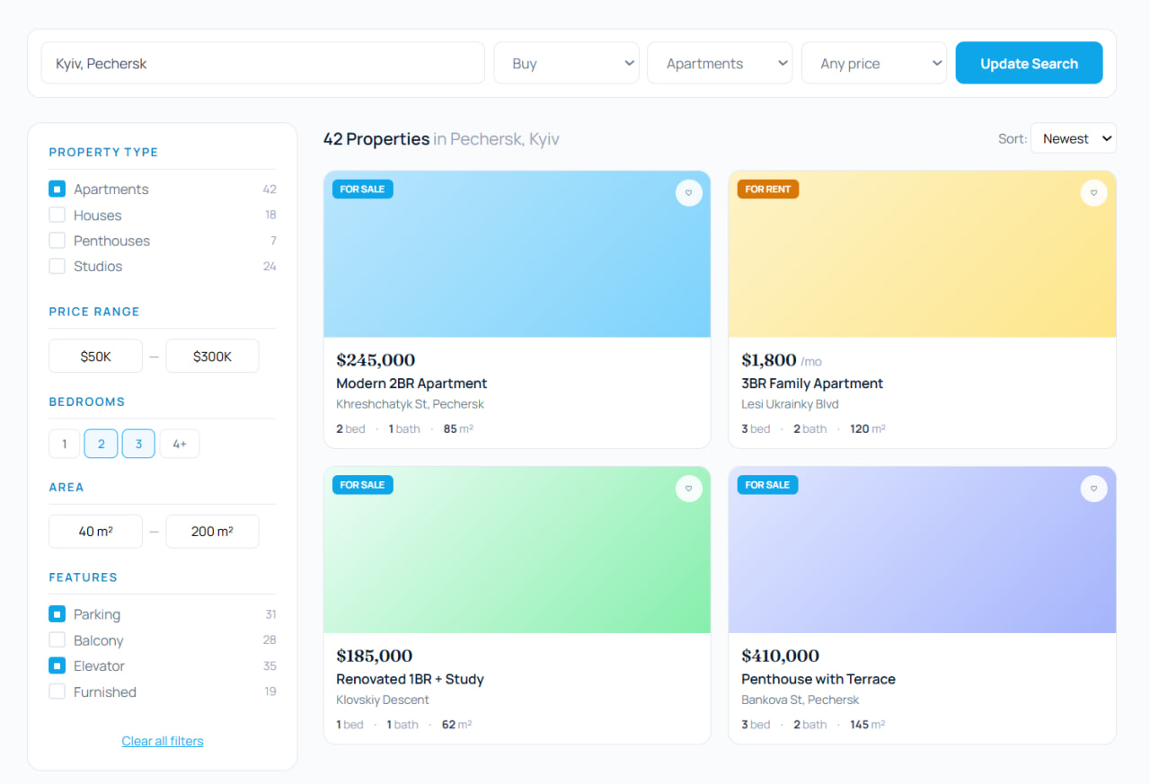 Sunrise Realty — Search results with sidebar filters and property cards