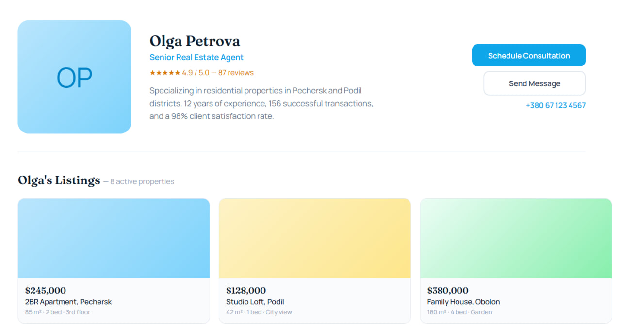 Sunrise Realty — Agent profile with bio, stats, and active listings