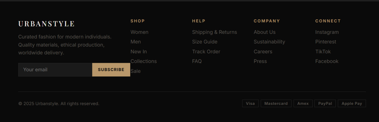 Urban Style Shop — Футер з навігацією, соцмережами та способами оплати