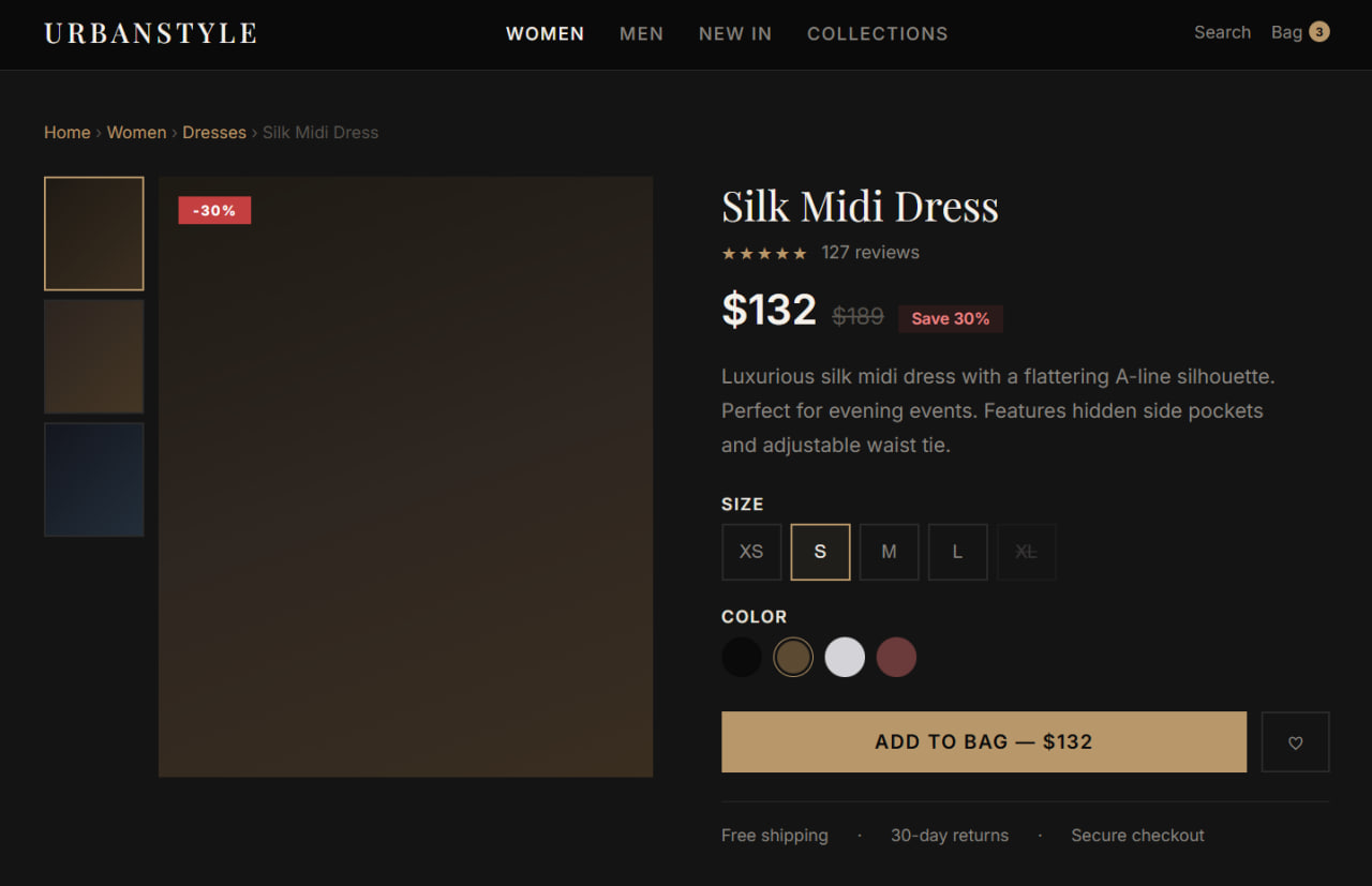 Urban Style Shop — Сторінка товару з розмірами, кольорами та галереєю