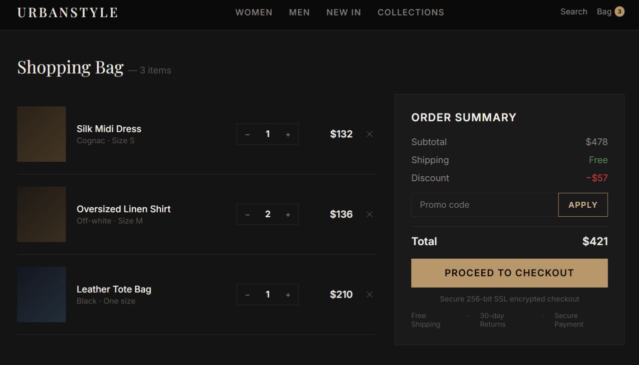 Urban Style Shop — Кошик з підсумком замовлення та промокодами