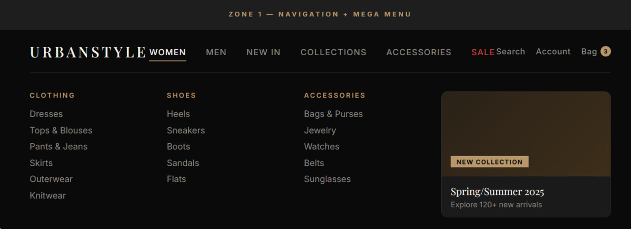 Urban Style Shop — Навігація з мега-меню та перегляд категорій